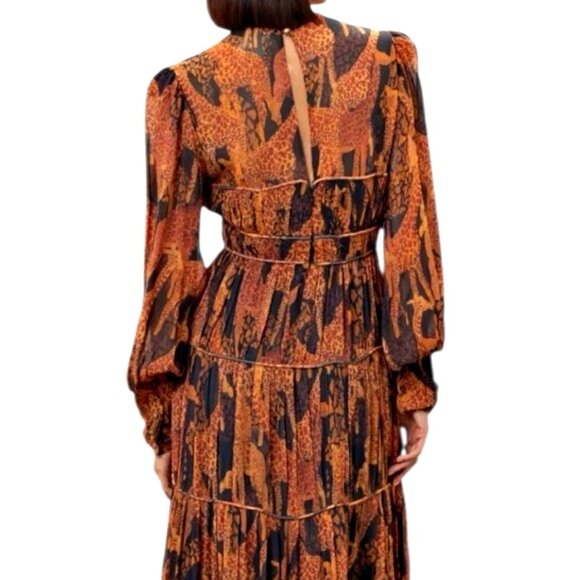 Farm Rio Giraffes Puff Sleeve Corset Piping Tiered Maxi Dress in Orange  S  $315 - Picture 4 of 16